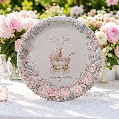 Pink Carriage Baby Shower Plates, Personalized It's a Girl - Pretty Gifted