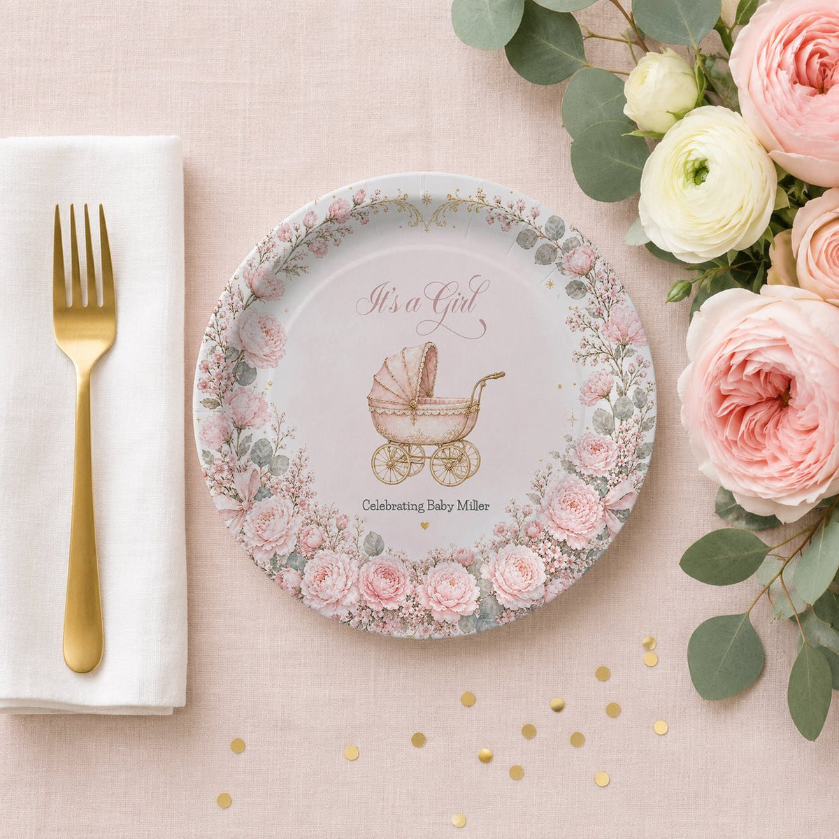 Pink Carriage Baby Shower Plates, Personalized It's a Girl - Pretty Gifted
