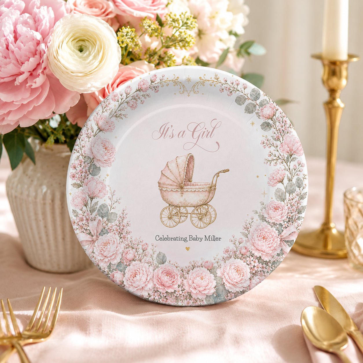 Pink Carriage Baby Shower Plates, Personalized It's a Girl - Pretty Gifted