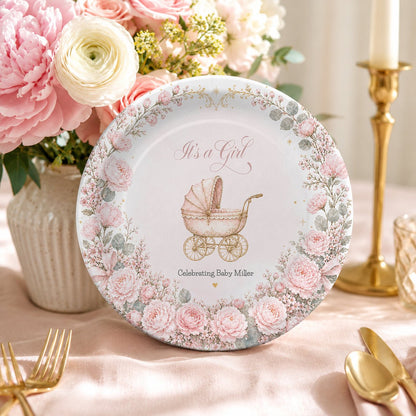 Pink Carriage Baby Shower Plates, Personalized It's a Girl - Pretty Gifted