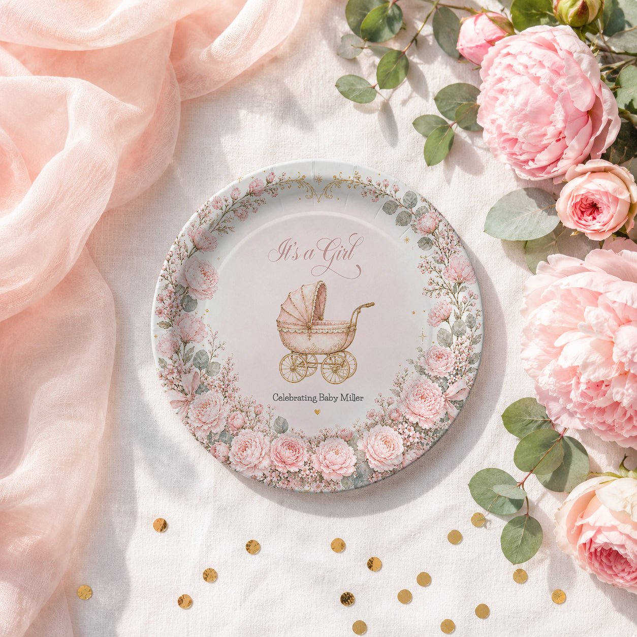 Pink Carriage Baby Shower Plates, Personalized It's a Girl - Pretty Gifted