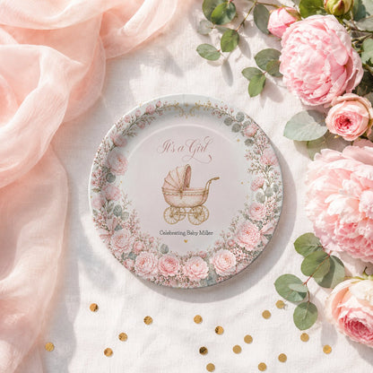 Pink Carriage Baby Shower Plates, Personalized It's a Girl - Pretty Gifted
