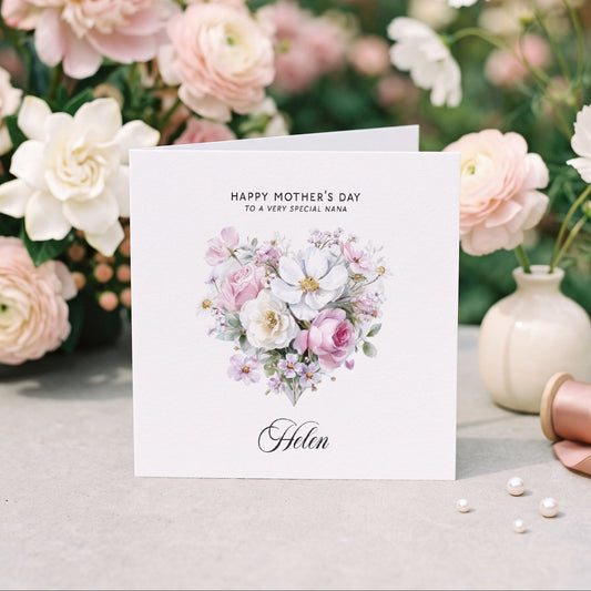 Pink Floral Heart Nana Mother’s Day Card with Name - Pretty Gifted