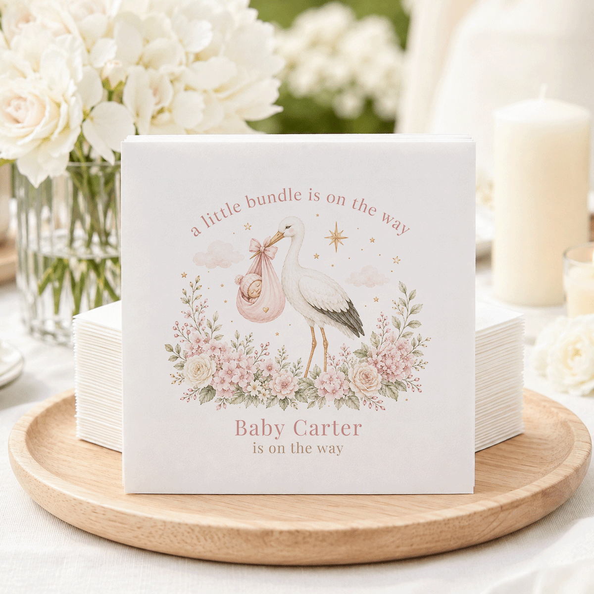 Pink Floral Stork A Little Bundle Baby Shower Napkins - Pretty Gifted
