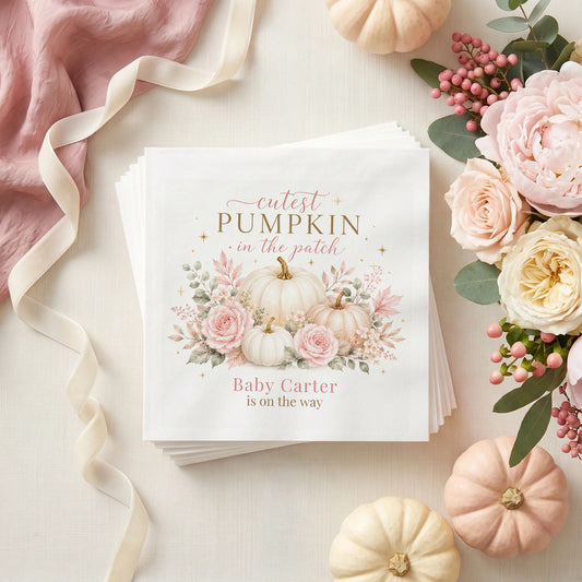 Pink Pumpkin Baby Shower Napkins, Girl Fall Autumn - Pretty Gifted