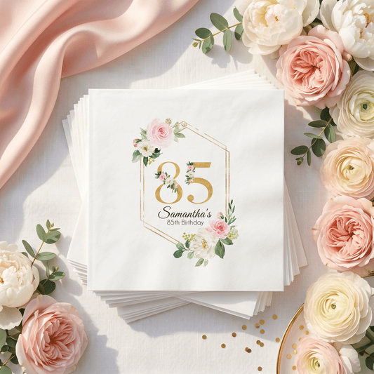 Pink Rose 85th Birthday Napkins, Gold Hexagon, Personalized - Pretty Gifted
