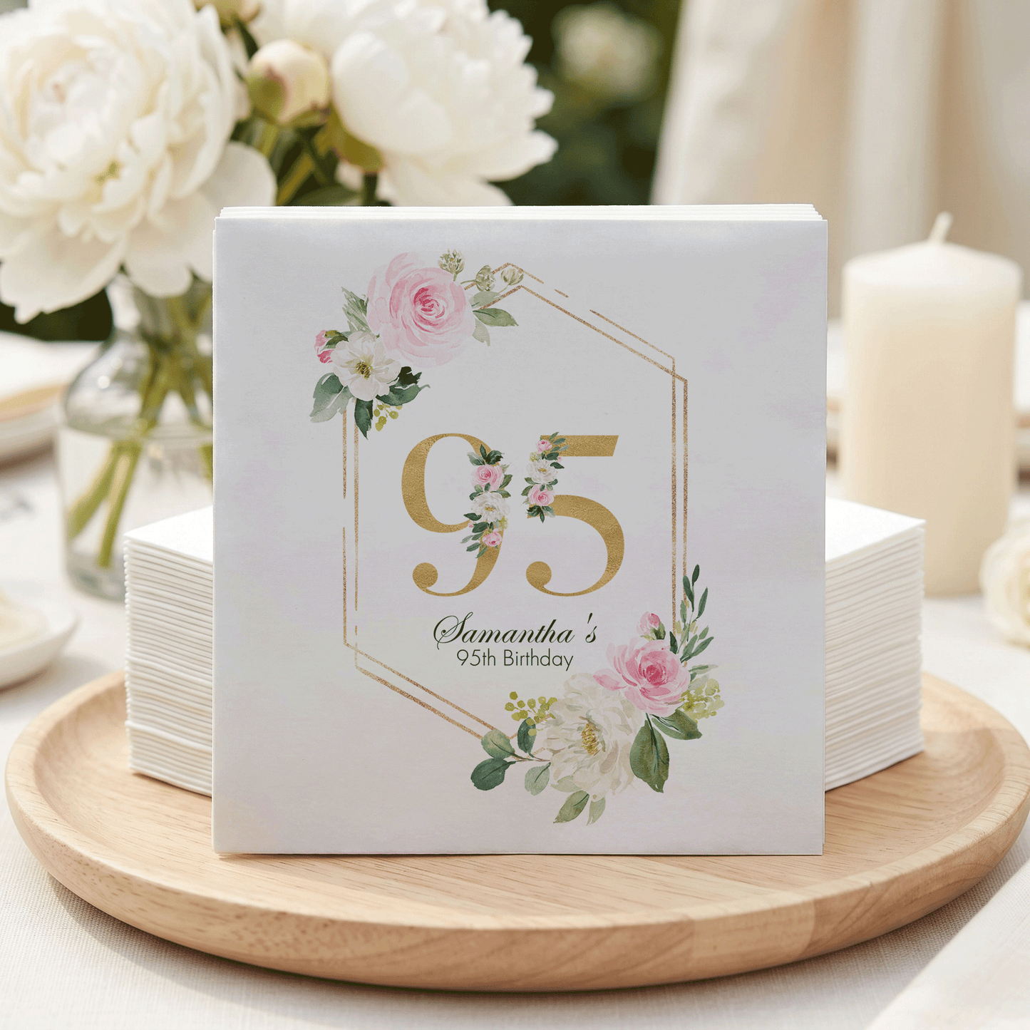 Pink Rose Geometric 95th Birthday Napkins - Pretty Gifted