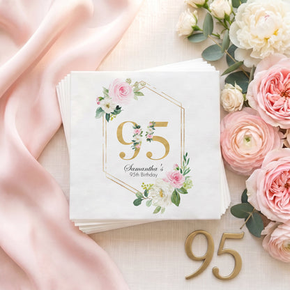 Pink Rose Geometric 95th Birthday Napkins - Pretty Gifted