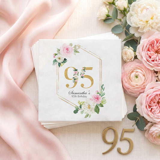 Pink Rose Geometric 95th Birthday Napkins - Pretty Gifted