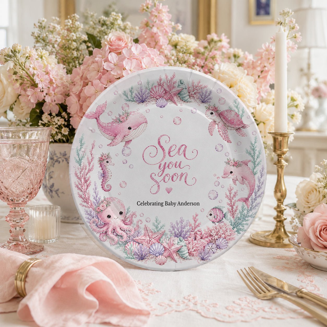 Pink Under the Sea Baby Shower Plates, Personalized - Pretty Gifted