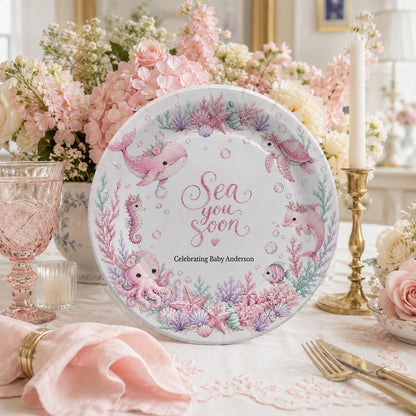 Pink Under the Sea Baby Shower Plates, Personalized - Pretty Gifted