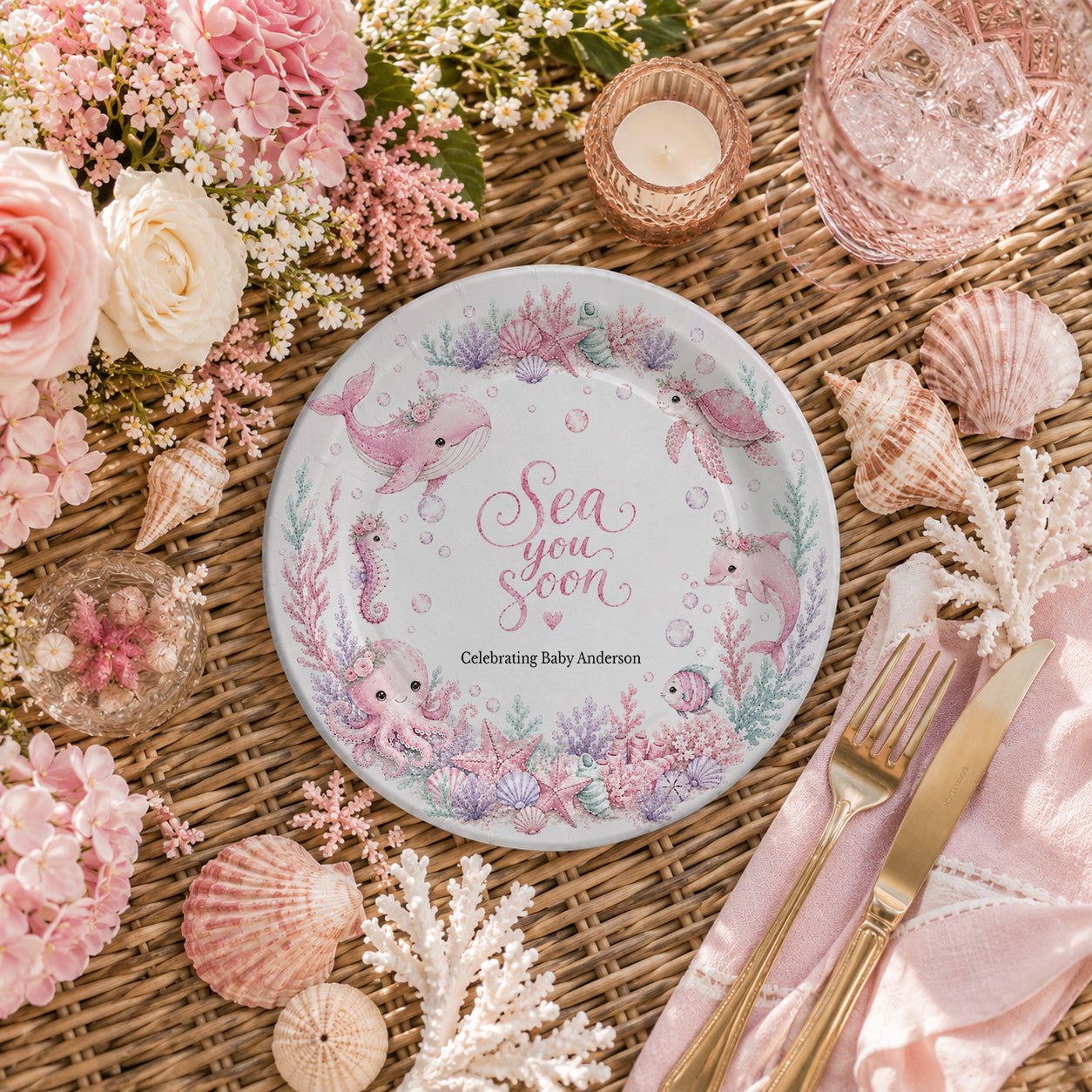 Pink Under the Sea Baby Shower Plates, Personalized - Pretty Gifted