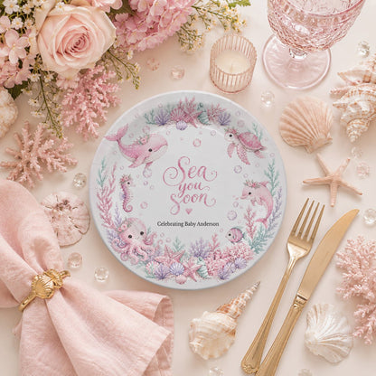 Pink Under the Sea Baby Shower Plates, Personalized - Pretty Gifted