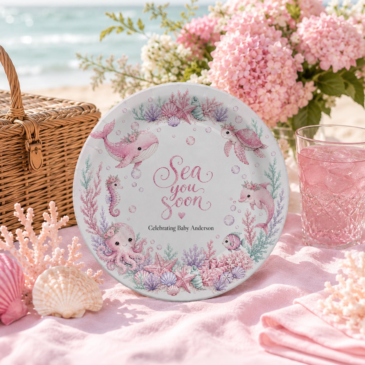 Pink Under the Sea Baby Shower Plates, Personalized - Pretty Gifted