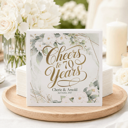 Platinum Anniversary Napkins, White Floral Personalized - Pretty Gifted