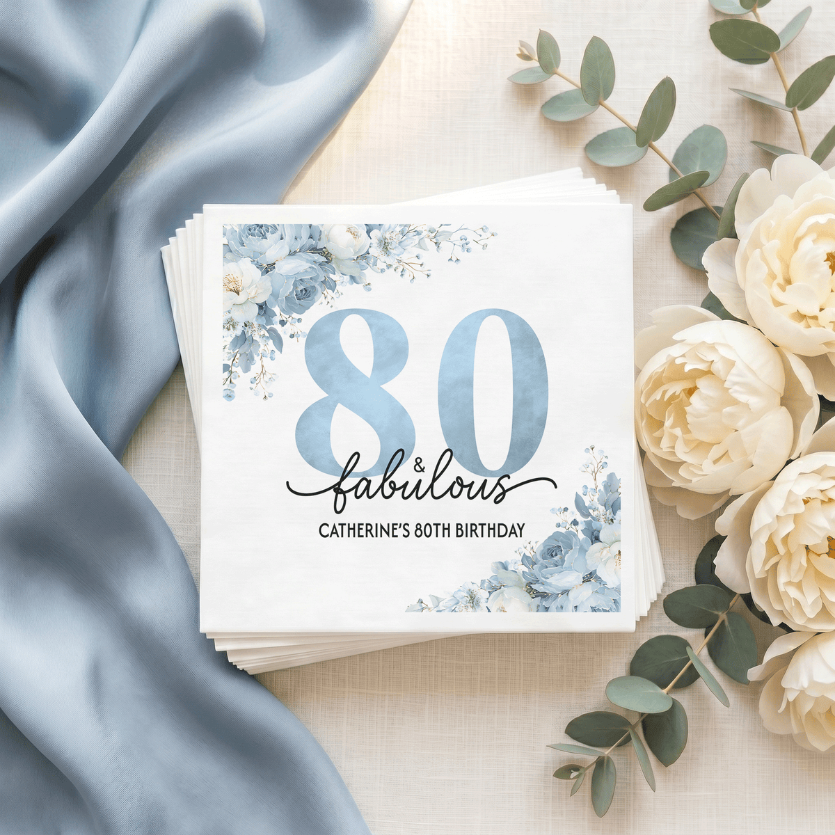 Powder Blue Floral 80th Birthday Napkins with Custom Name - Pretty Gifted