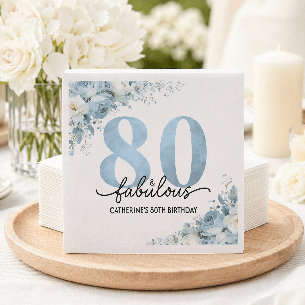 Powder Blue Floral 80th Birthday Napkins with Custom Name - Pretty Gifted