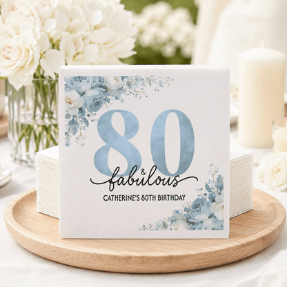 Powder Blue Floral 80th Birthday Napkins with Custom Name - Pretty Gifted