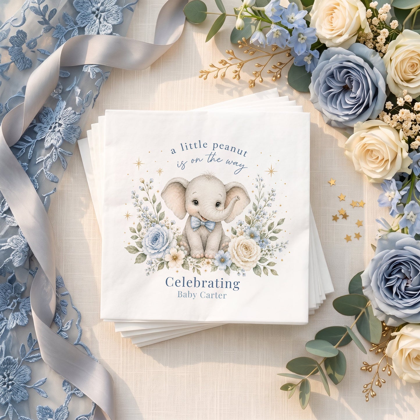 Powder Blue Floral Elephant Baby Shower Napkins - Pretty Gifted