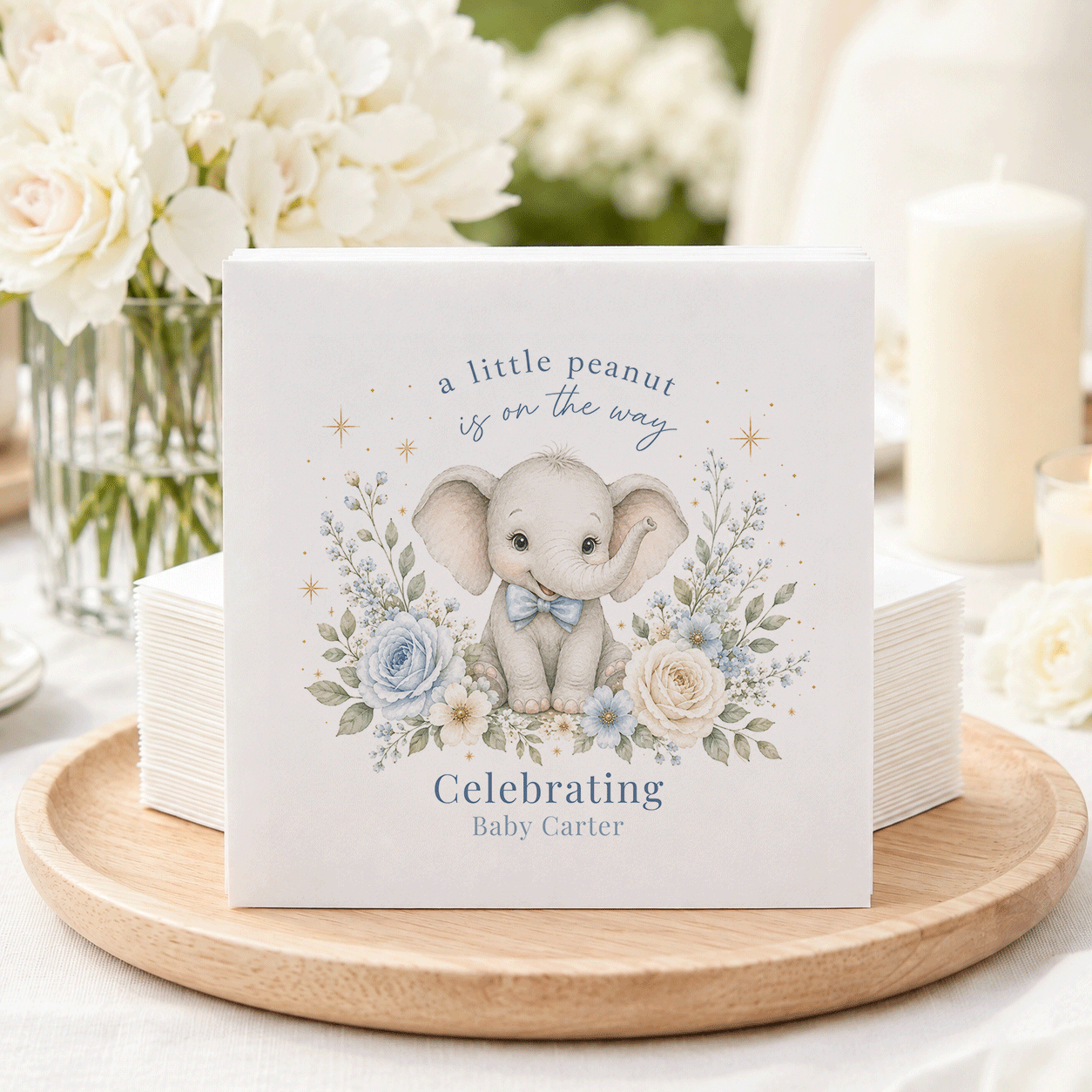 Powder Blue Floral Elephant Baby Shower Napkins - Pretty Gifted
