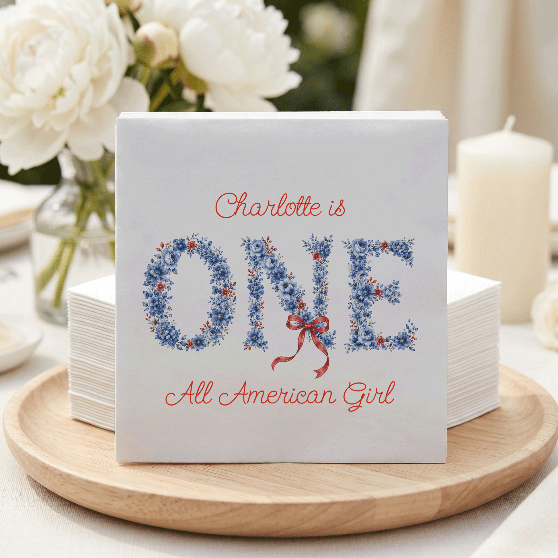 Preppy Blue Floral Fourth of July First Birthday Napkins Girl - Pretty Gifted