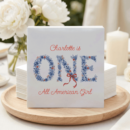 Preppy Blue Floral Fourth of July First Birthday Napkins Girl - Pretty Gifted