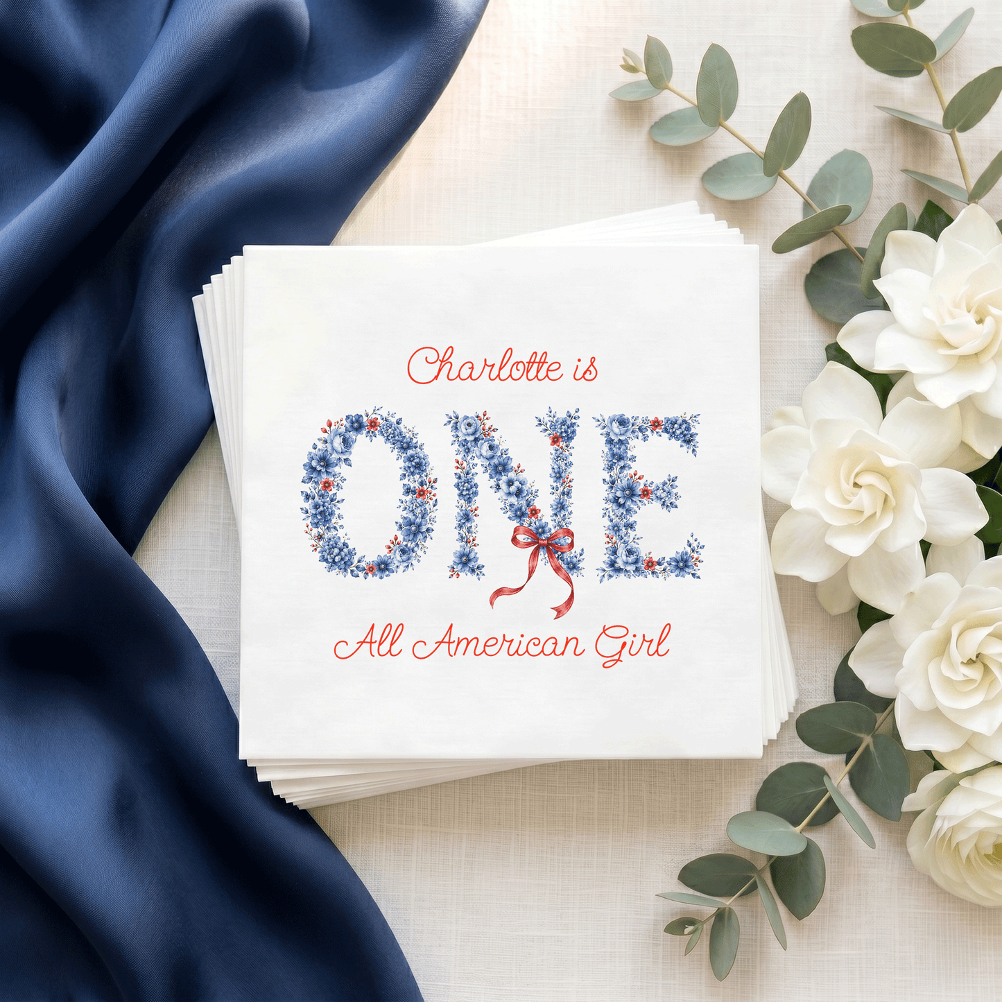 Preppy Blue Floral Fourth of July First Birthday Napkins Girl - Pretty Gifted