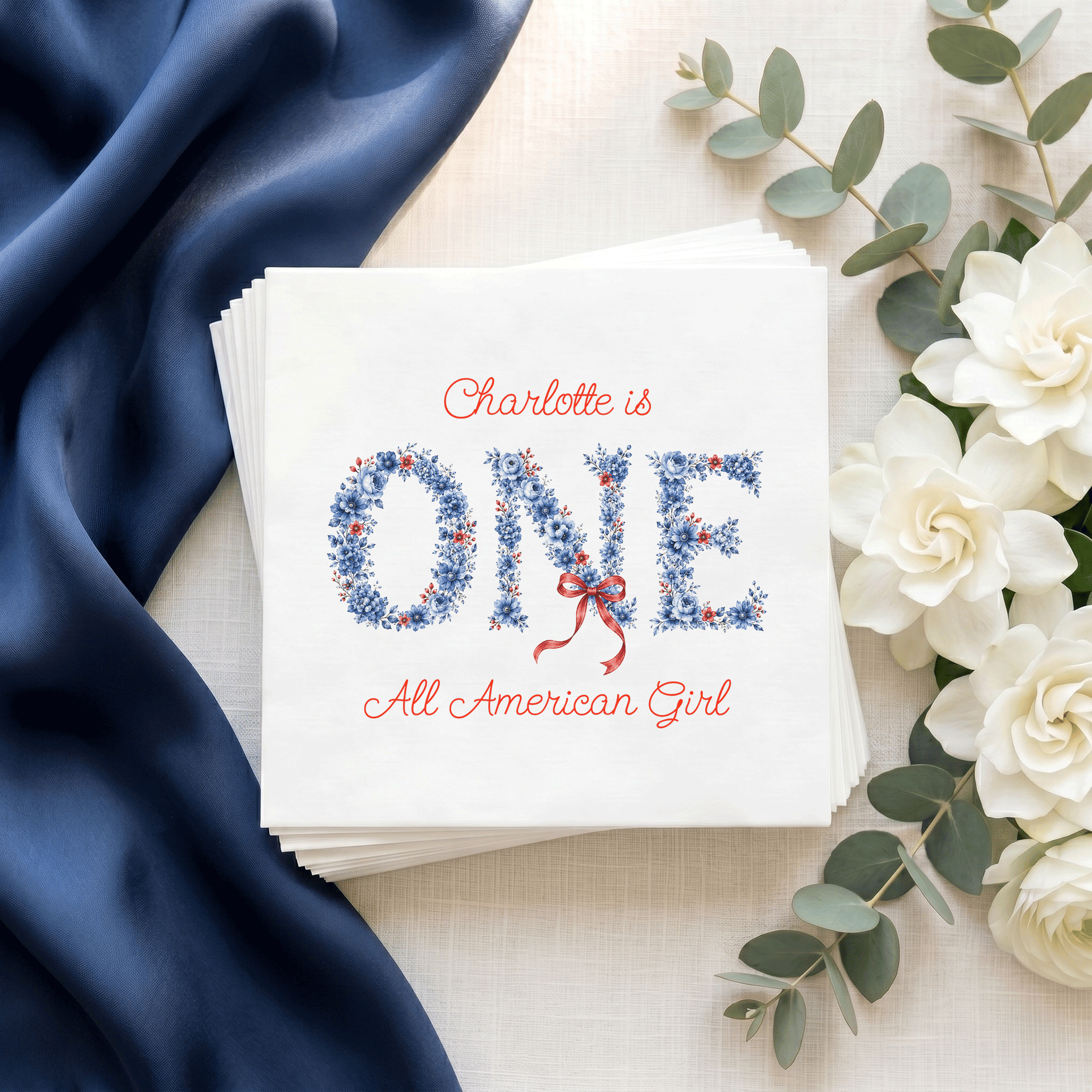 Preppy Blue Floral Fourth of July First Birthday Napkins Girl - Pretty Gifted
