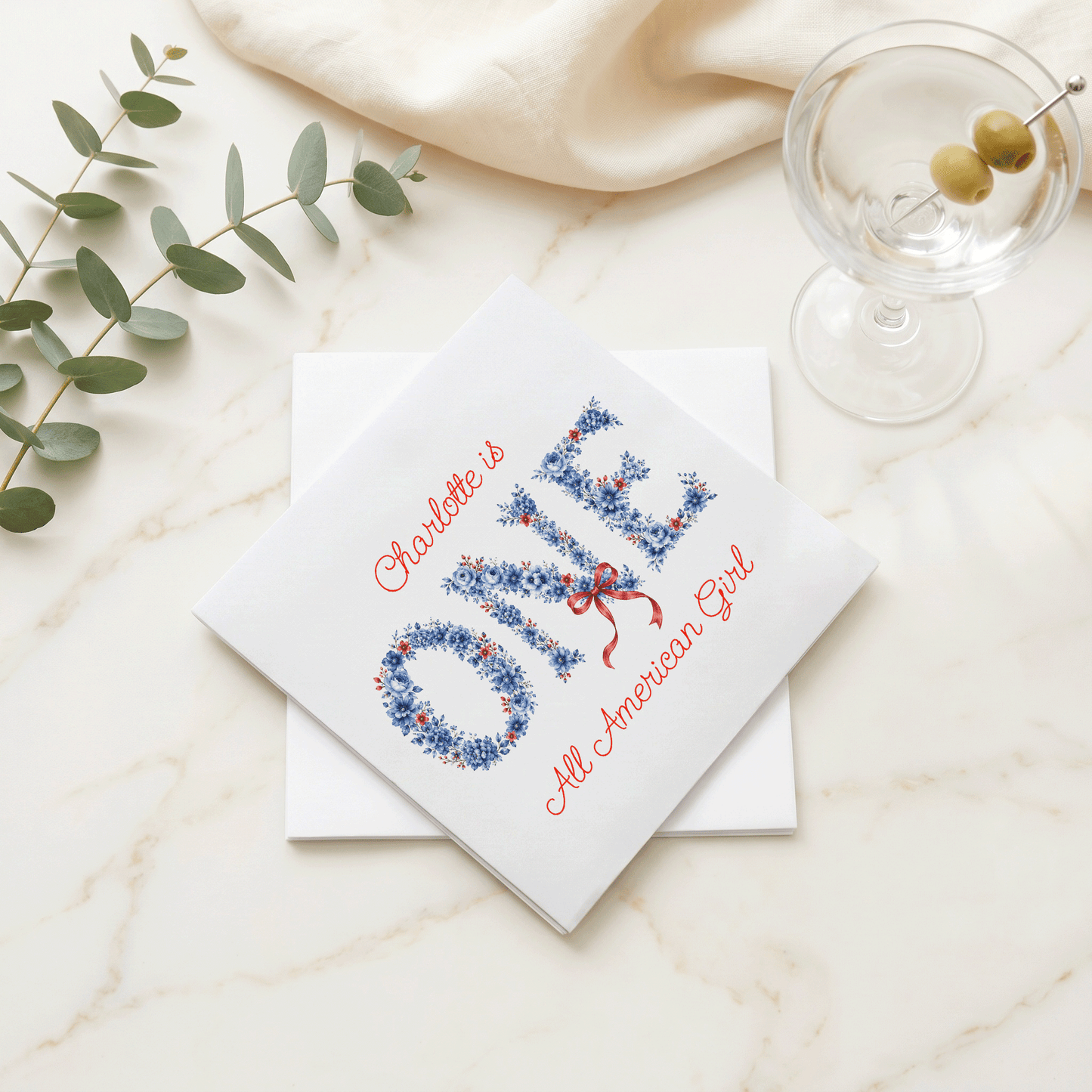 Preppy Blue Floral Fourth of July First Birthday Napkins Girl - Pretty Gifted