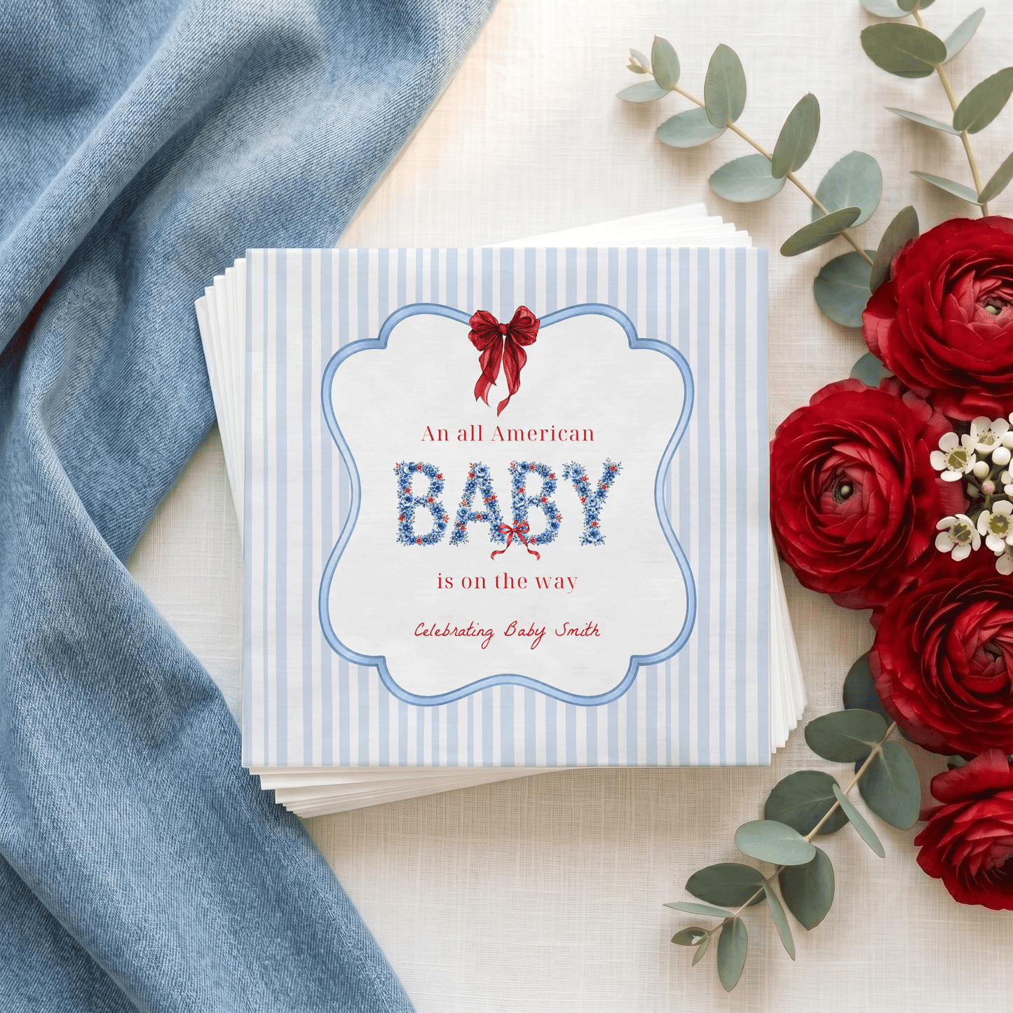 Preppy Patriotic Baby Shower Napkins, Fourth of July Baby - Pretty Gifted