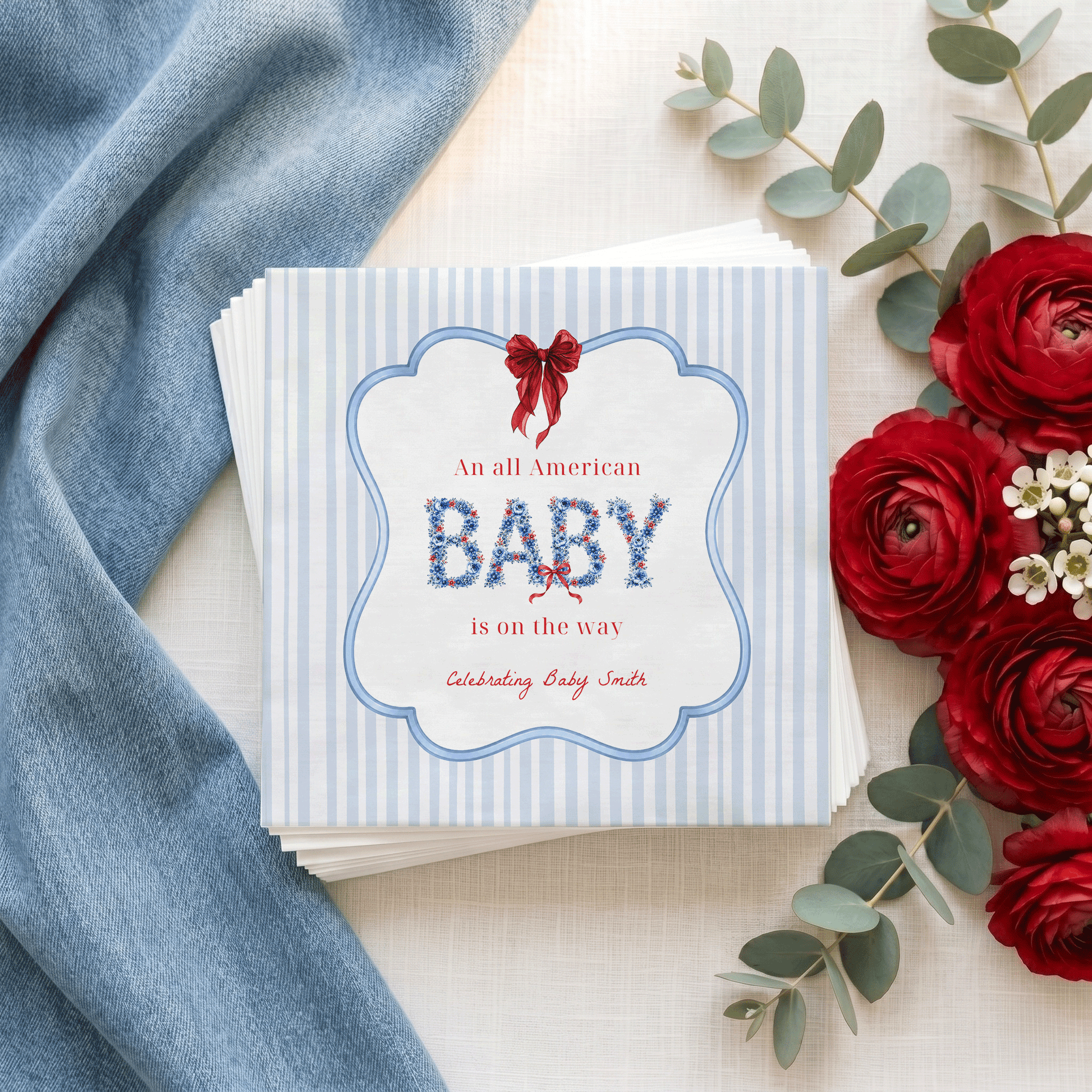 Preppy Patriotic Baby Shower Napkins, Fourth of July Baby - Pretty Gifted