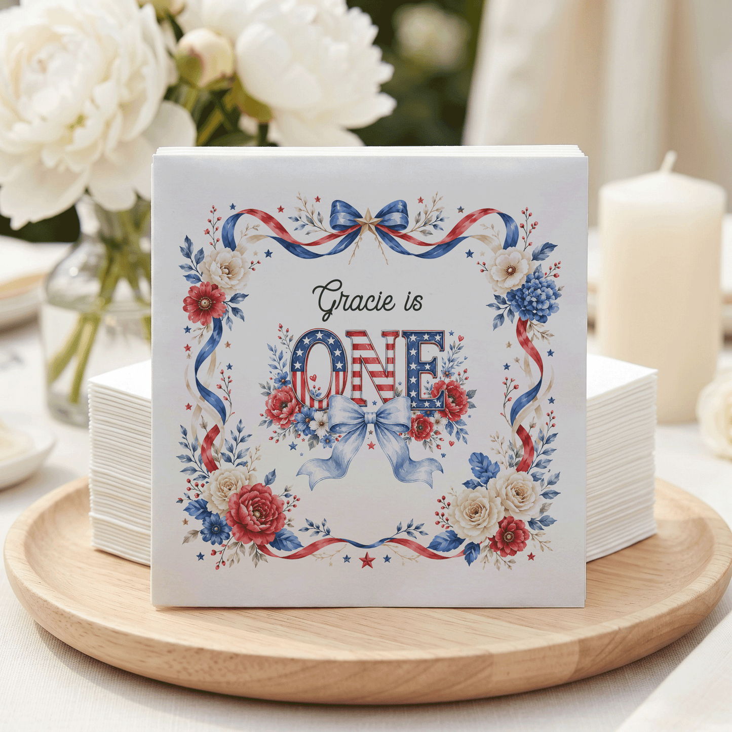 Preppy Patriotic First Birthday Napkins Girl, Floral ONE - Pretty Gifted
