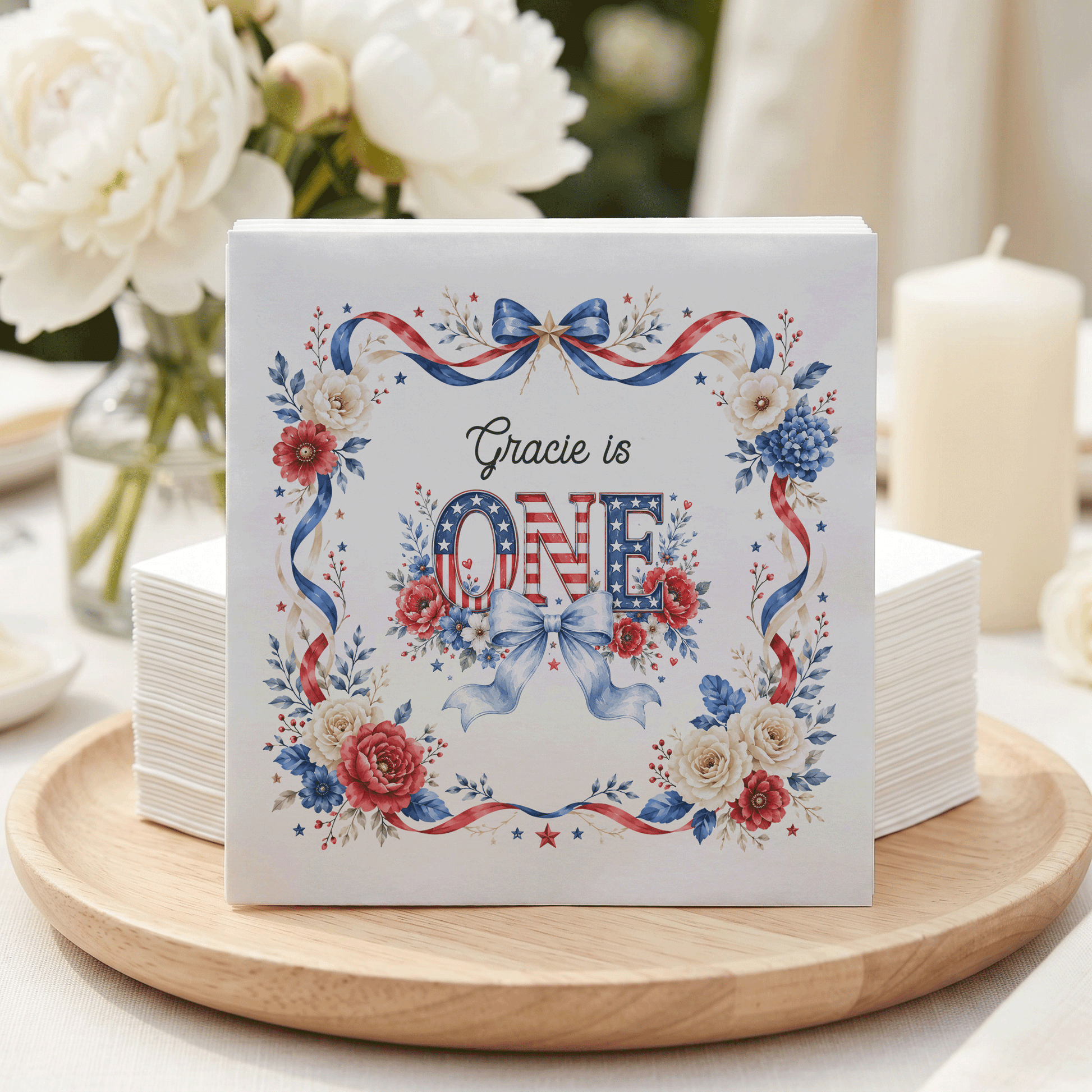 Preppy Patriotic First Birthday Napkins Girl, Floral ONE - Pretty Gifted