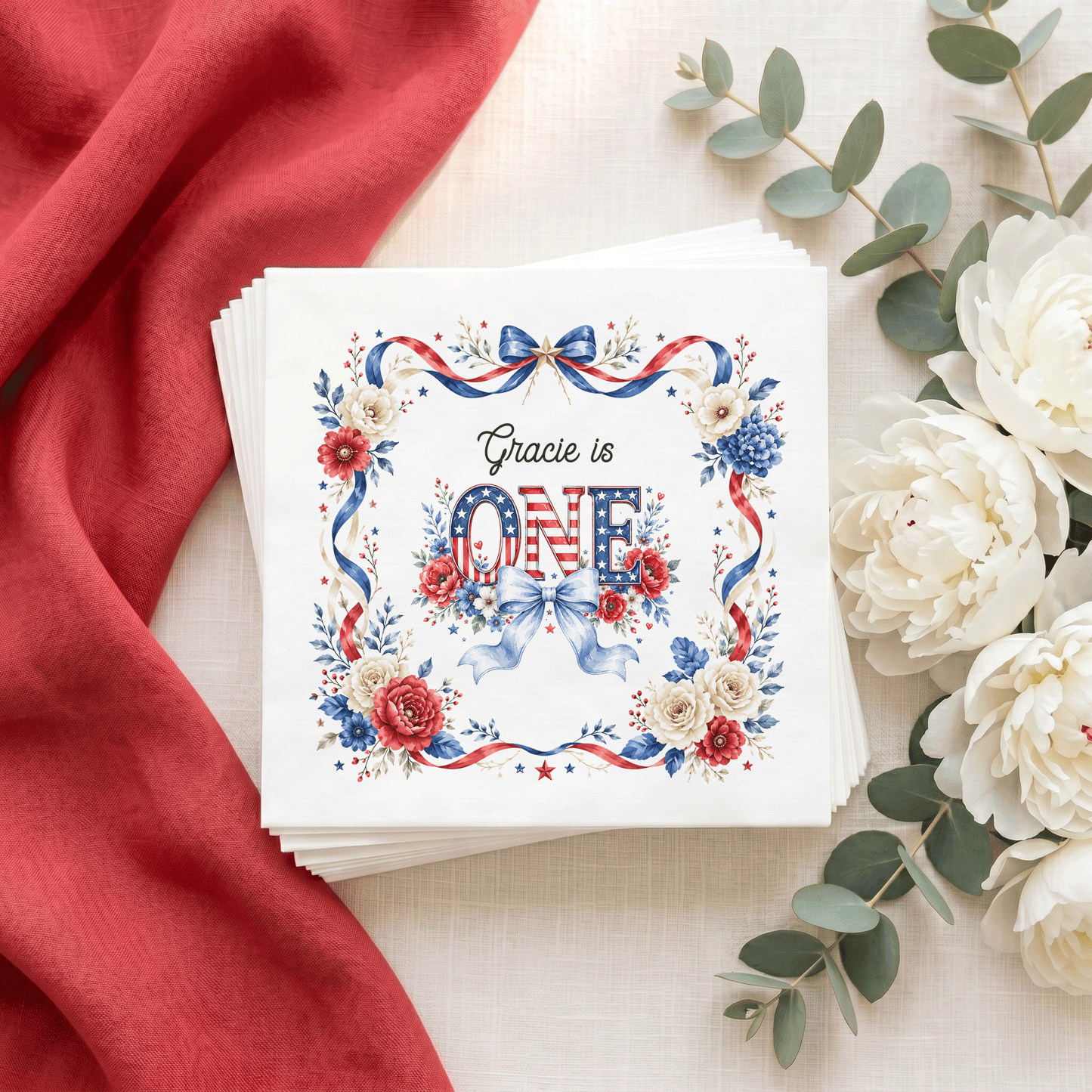 Preppy Patriotic First Birthday Napkins Girl, Floral ONE - Pretty Gifted