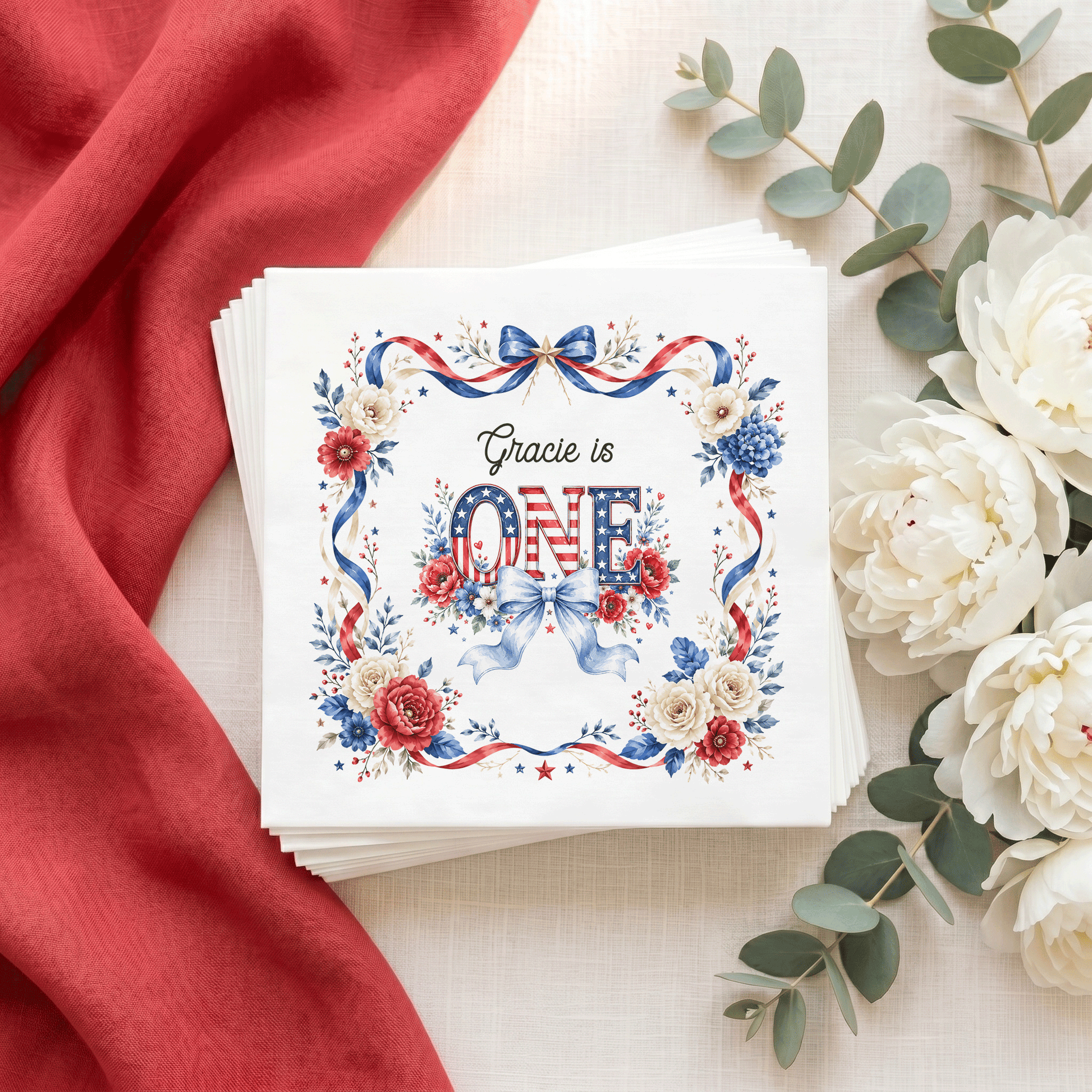 Preppy Patriotic First Birthday Napkins Girl, Floral ONE - Pretty Gifted