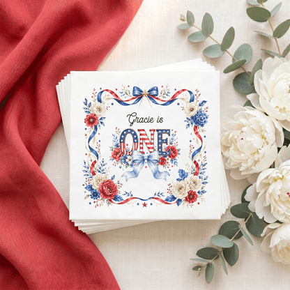Preppy Patriotic First Birthday Napkins Girl, Floral ONE - Pretty Gifted