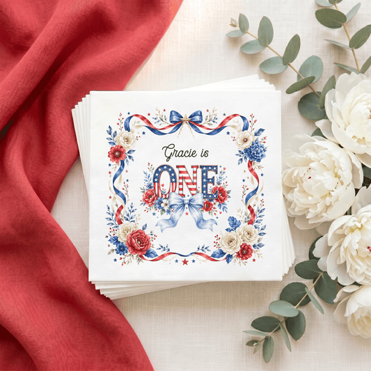 Preppy Patriotic First Birthday Napkins Girl, Floral ONE - Pretty Gifted