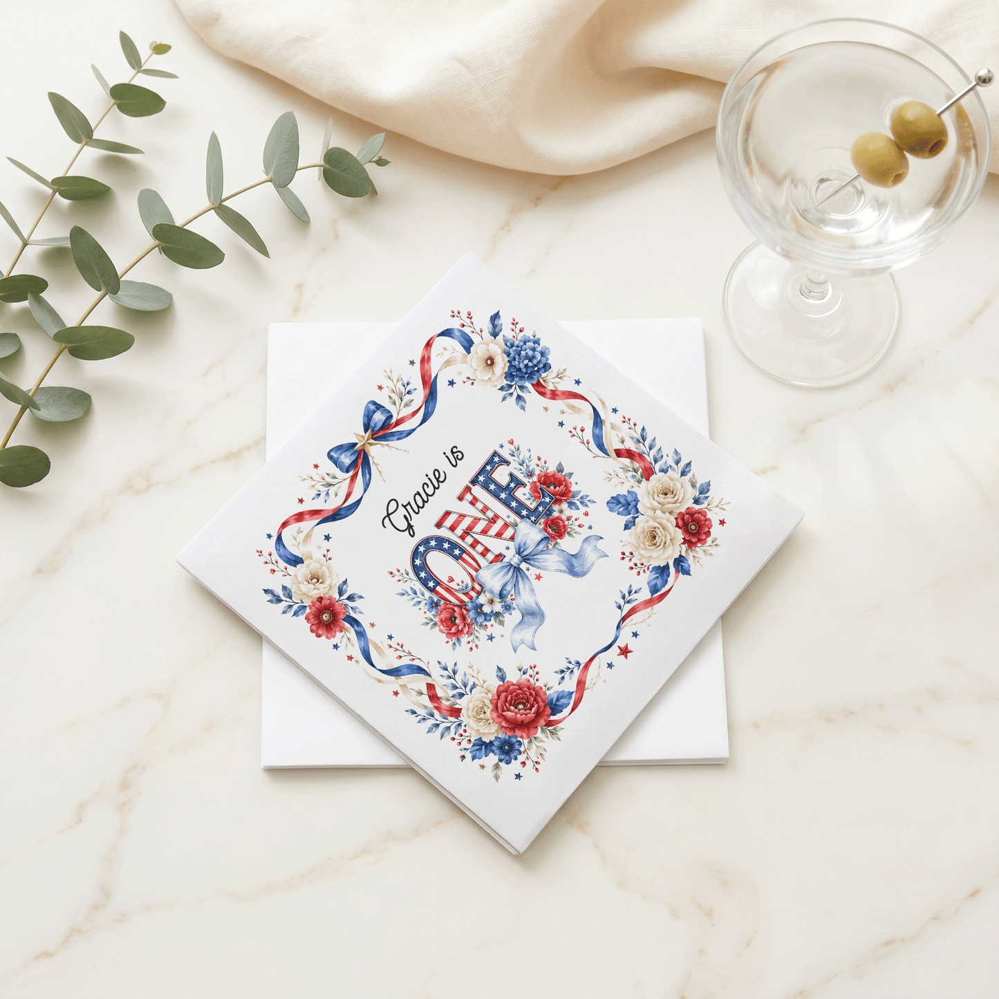 Preppy Patriotic First Birthday Napkins Girl, Floral ONE - Pretty Gifted
