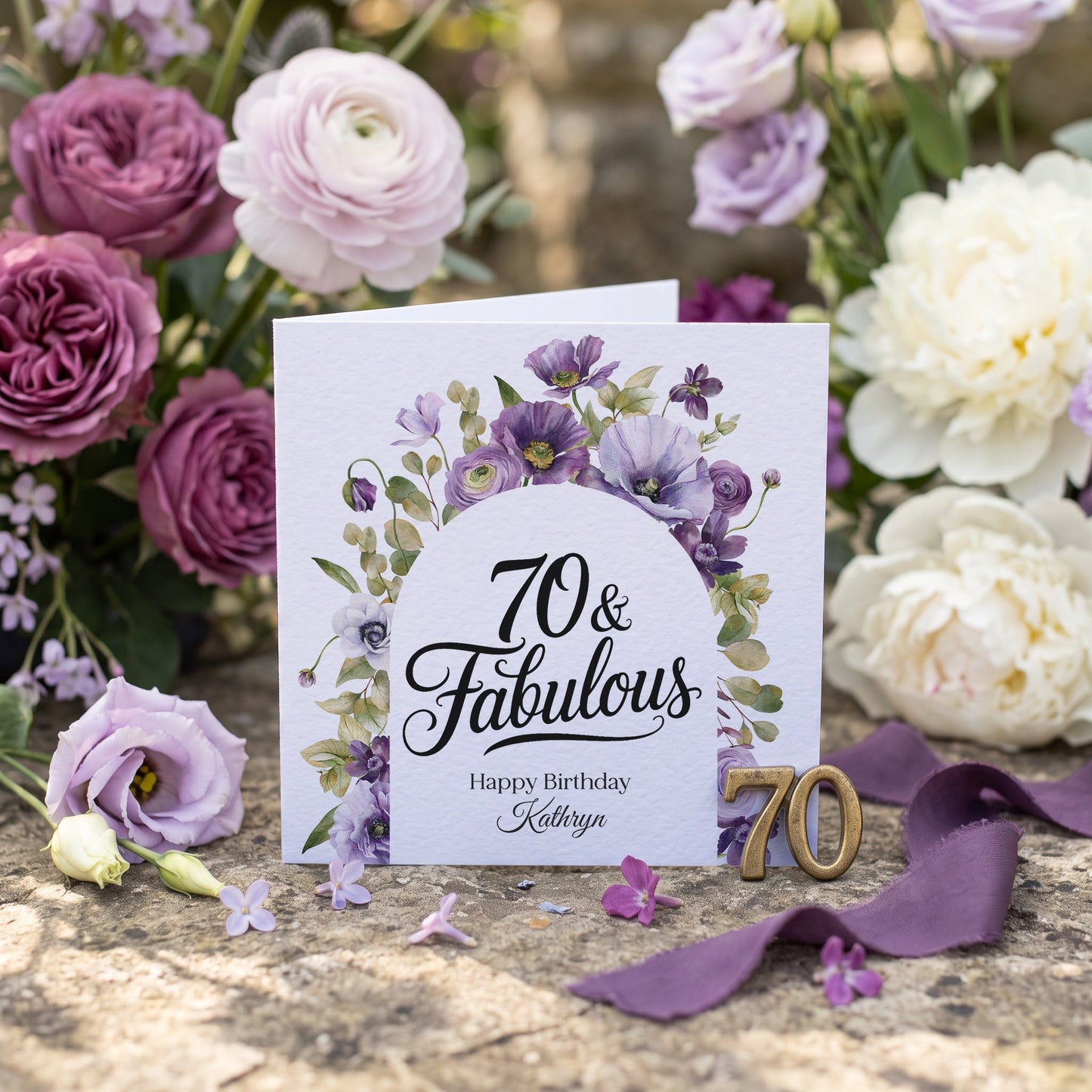 Purple Floral 70 and Fabulous Personalized Birthday Card - Pretty Gifted
