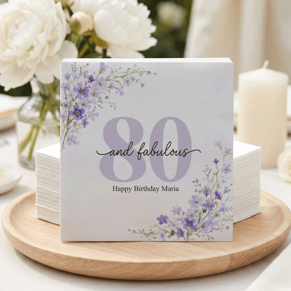 Purple Wildflower 80th Birthday Napkins, Personalized - Pretty Gifted