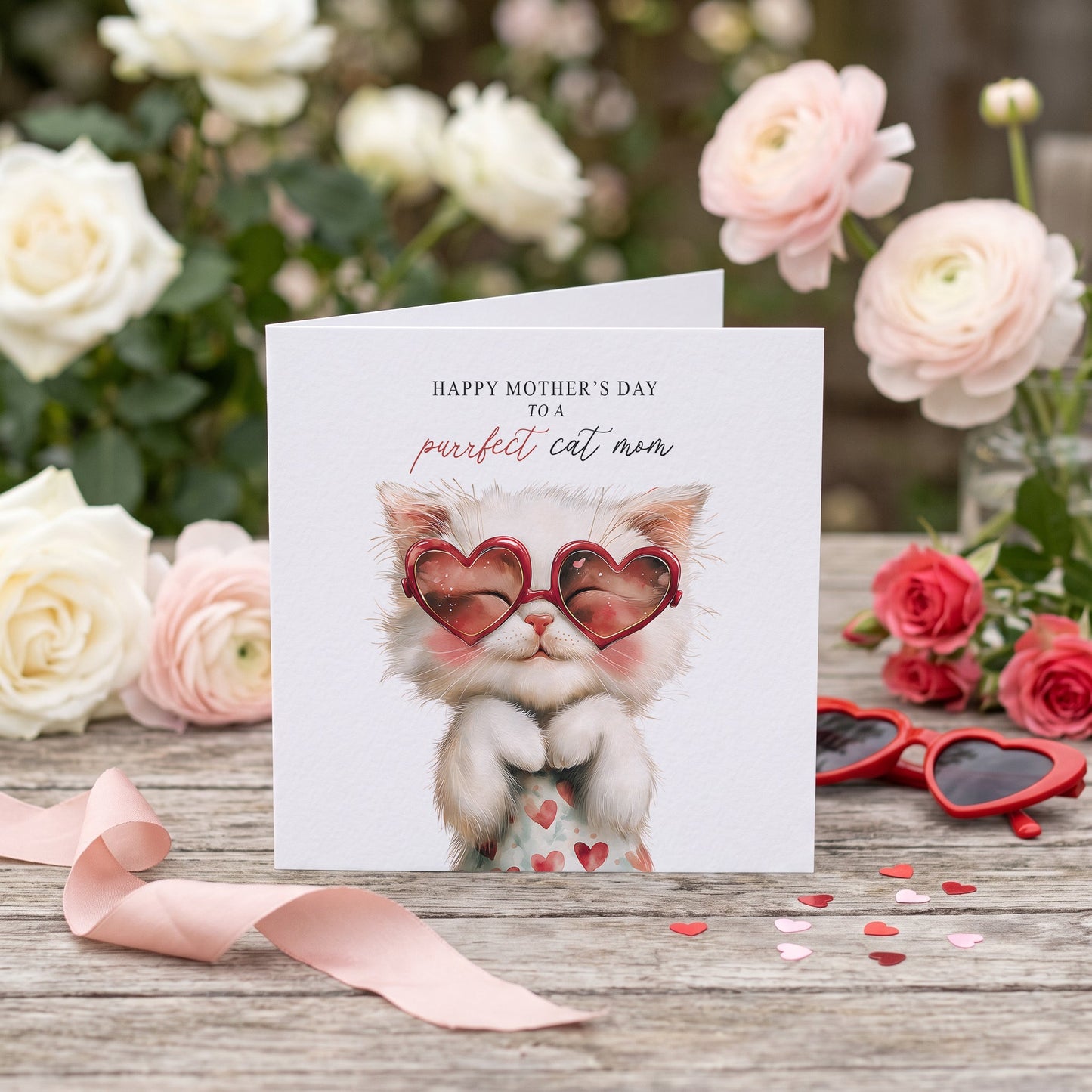 Purrfect Cat Mom Mother’s Day Card with Heart Glasses - Pretty Gifted