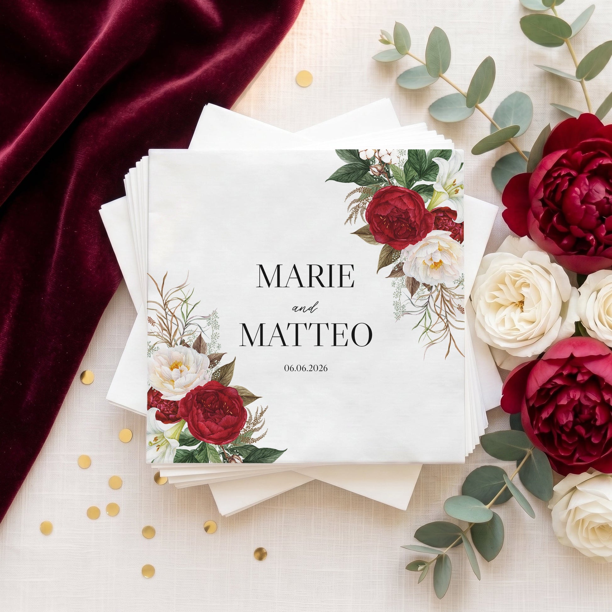 Red and White Wedding Napkins, Personalized Peony Floral - Pretty Gifted