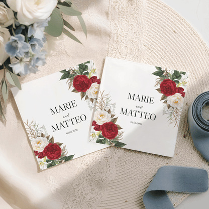 Red and White Wedding Napkins, Personalized Peony Floral - Pretty Gifted