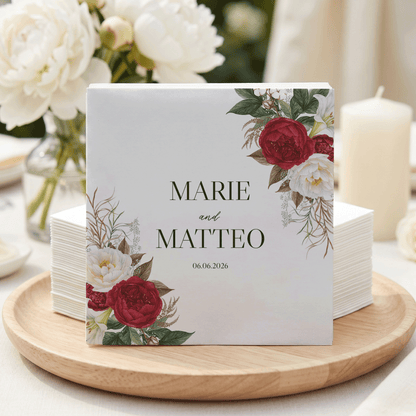 Red and White Wedding Napkins, Personalized Peony Floral - Pretty Gifted