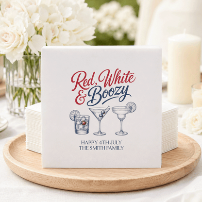Red, White and Boozy Napkins, Personalized 4th of July - Pretty Gifted
