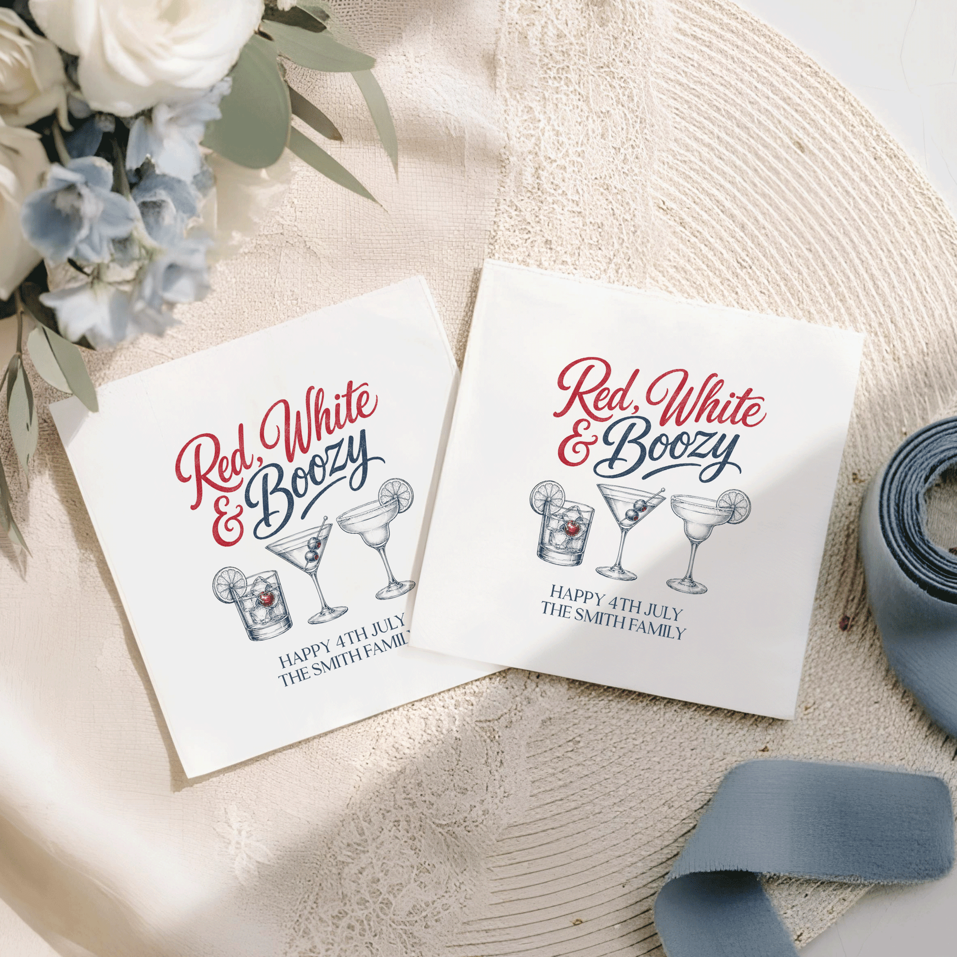 Red, White and Boozy Napkins, Personalized 4th of July - Pretty Gifted