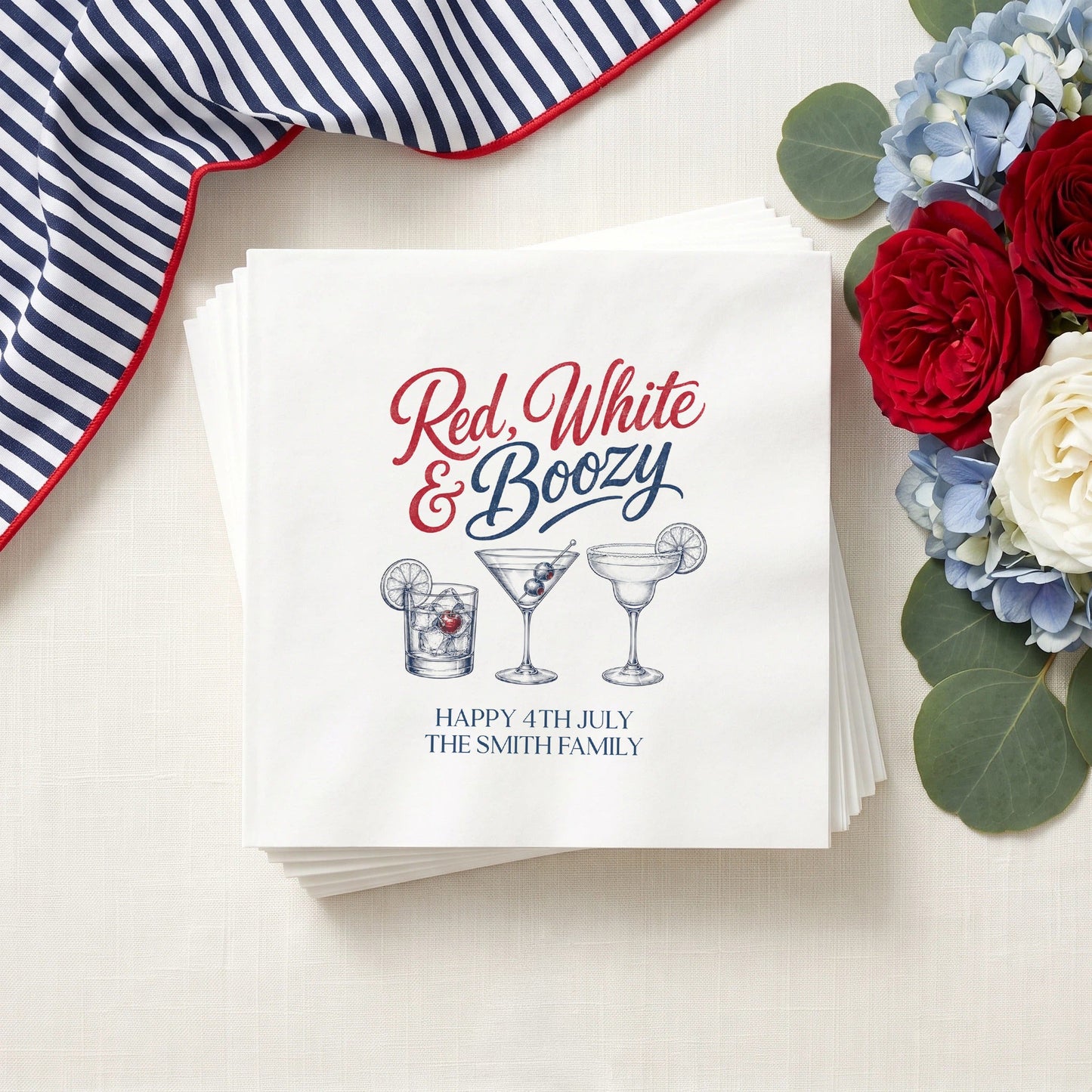 Red, White and Boozy Napkins, Personalized 4th of July - Pretty Gifted