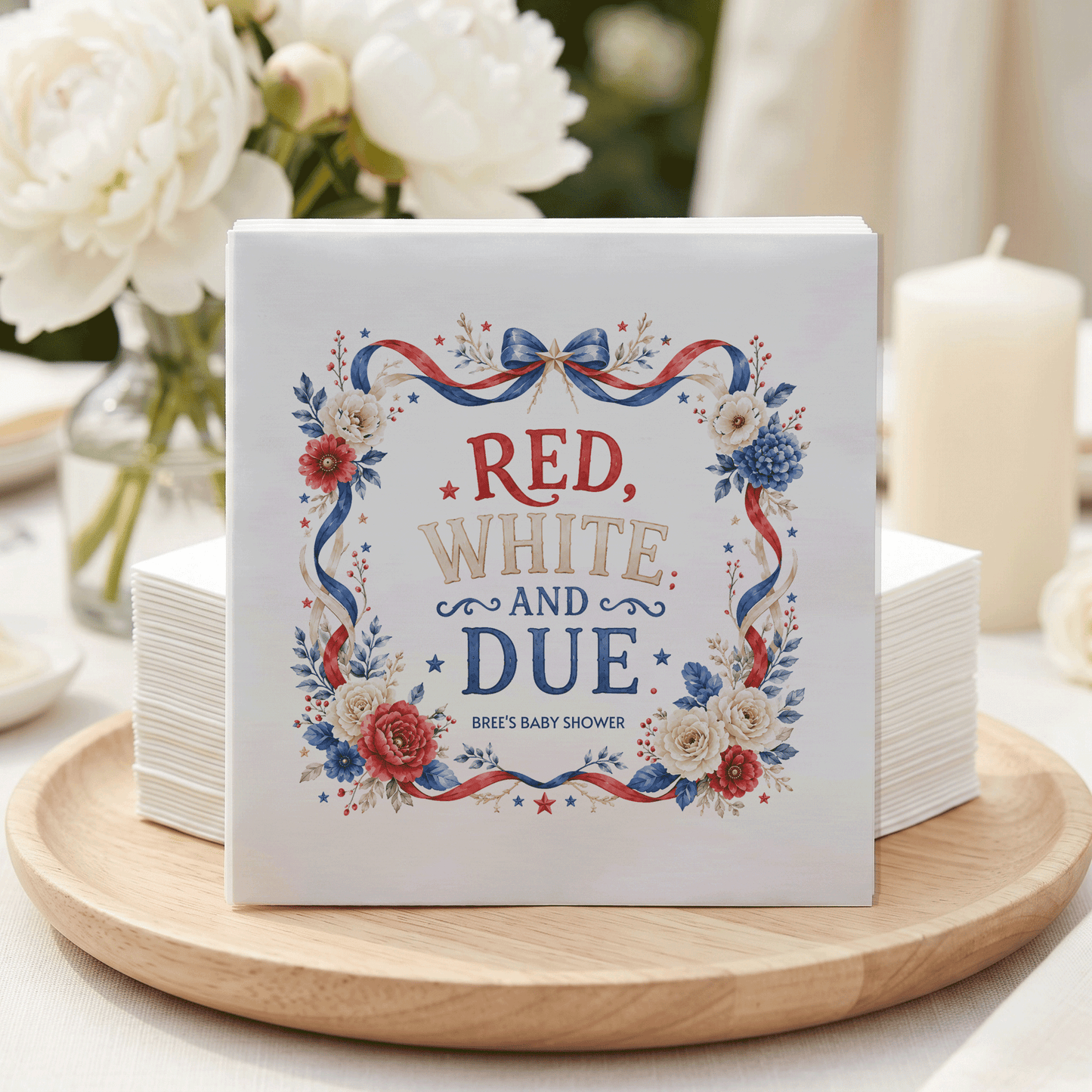 Red White and Due Napkins, Preppy Patriotic Floral Frame - Pretty Gifted