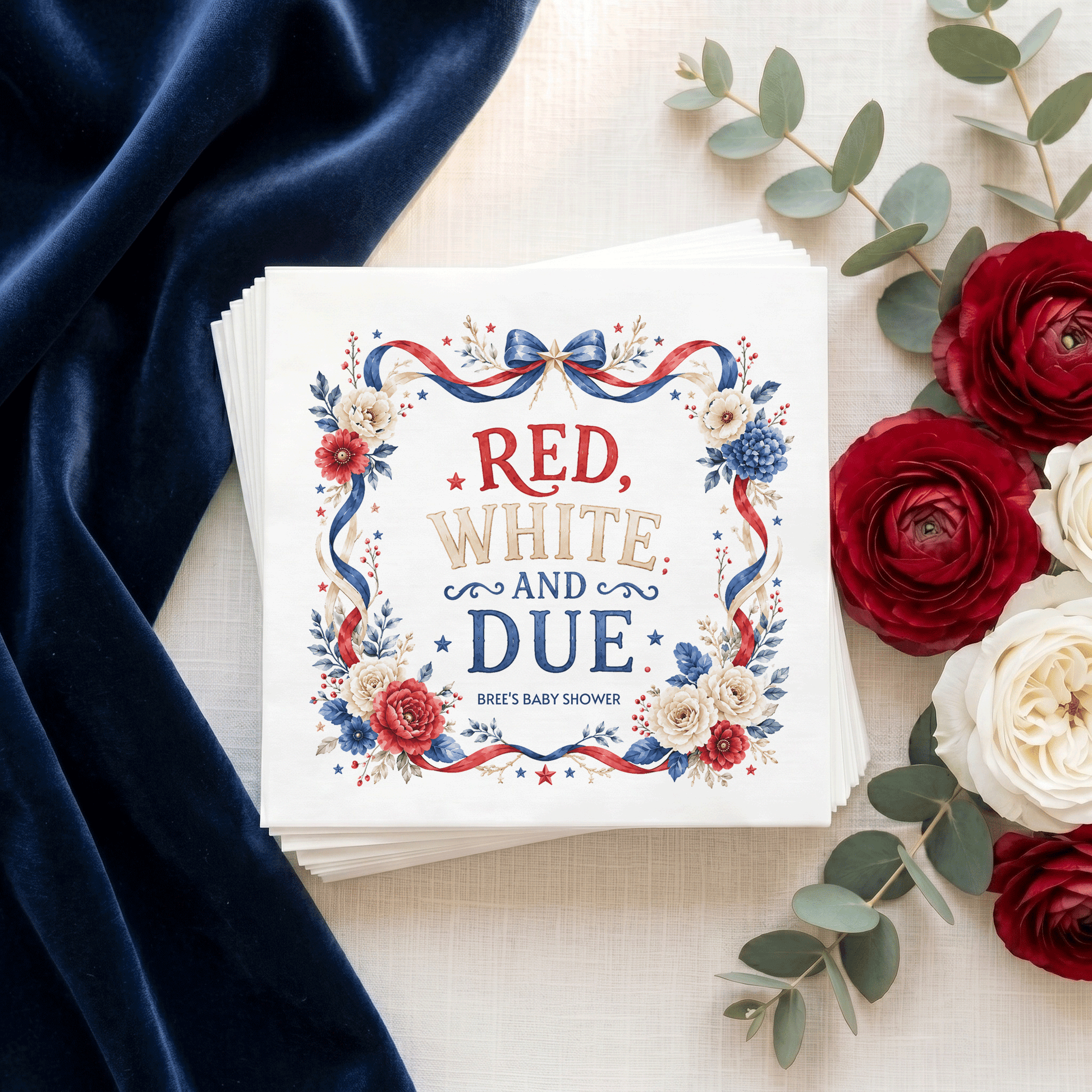 Red White and Due Napkins, Preppy Patriotic Floral Frame - Pretty Gifted