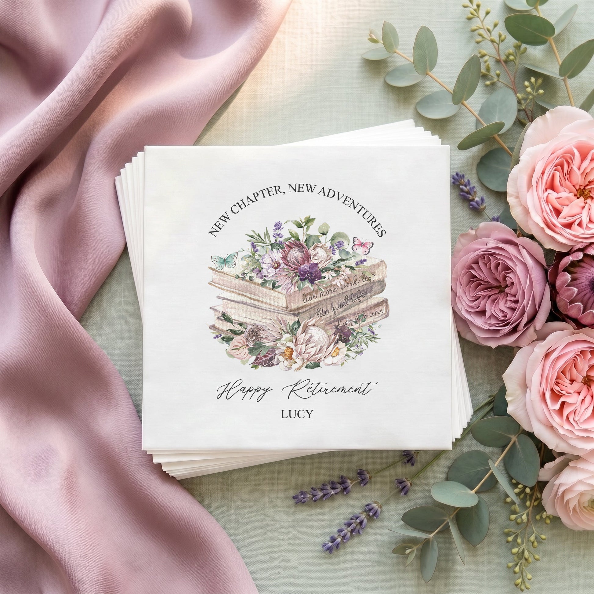 Retirement Party Napkins, Personalized New Chapter Floral - Pretty Gifted